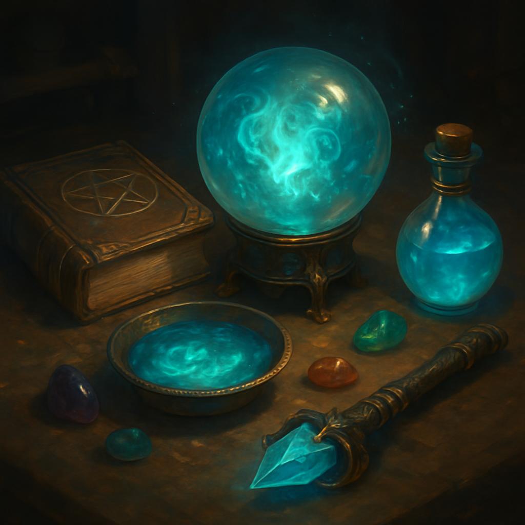 A still life composed of various objects often associated with divination, presented under blueish lighting, evoking a mys...